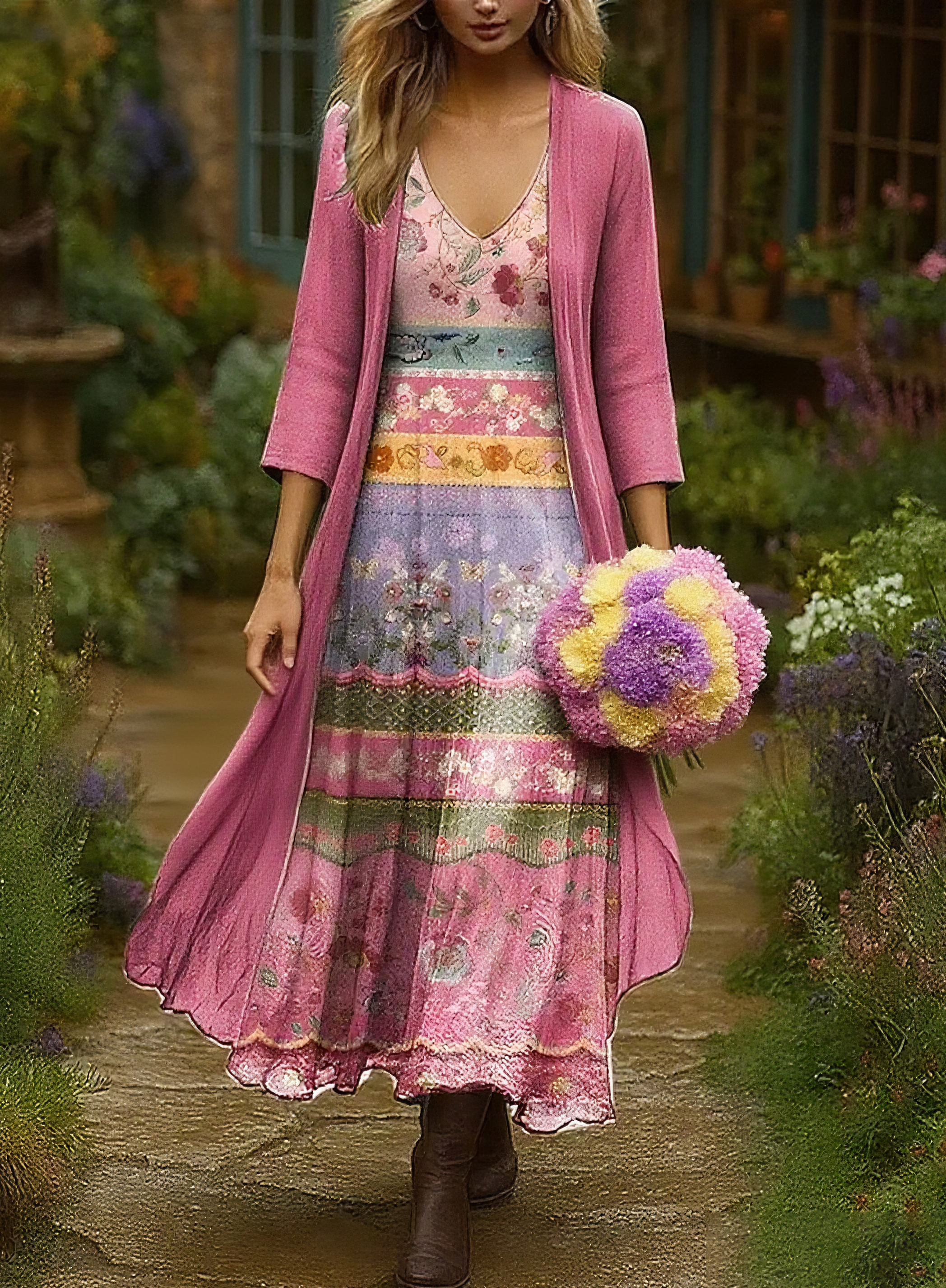 Women's Floral Patchwork Print Cardigan Dress Two-piece Set