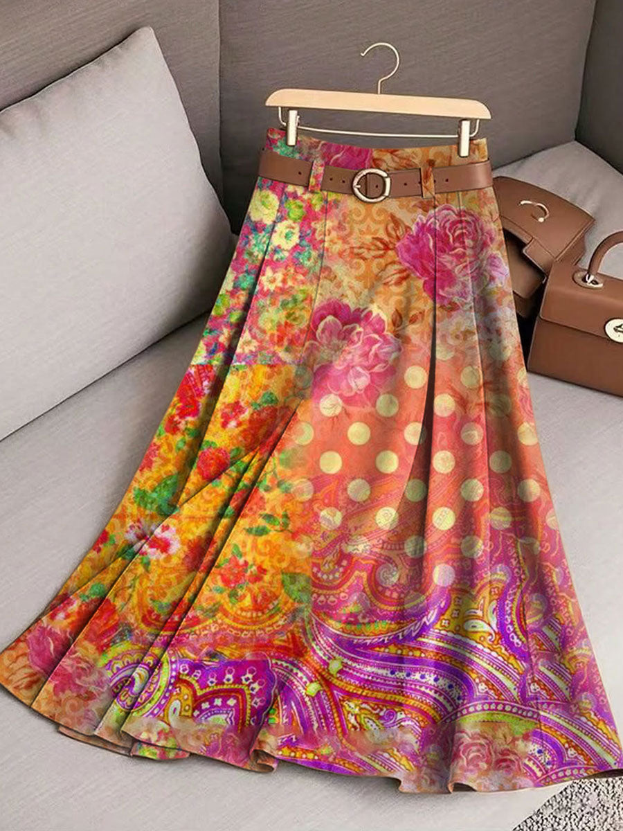 Women's Vintage Flower Art Print Casual Cotton Skirt