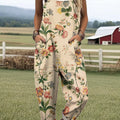 Damen-Jumpsuit mit Vintage-Blumenmuster, lässig, aus 100 % Baumwolle, weites Bein 