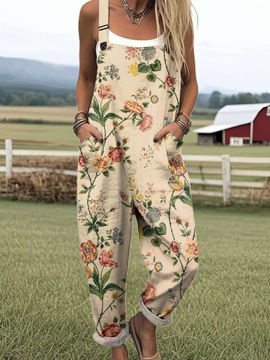 Women's Vintage Floral Art Print Casual 100% Cotton Wide Leg Jumpsuit