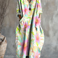 Women's Colorful Flowers Art Pattern Print Pocket V-neck Cotton Dress