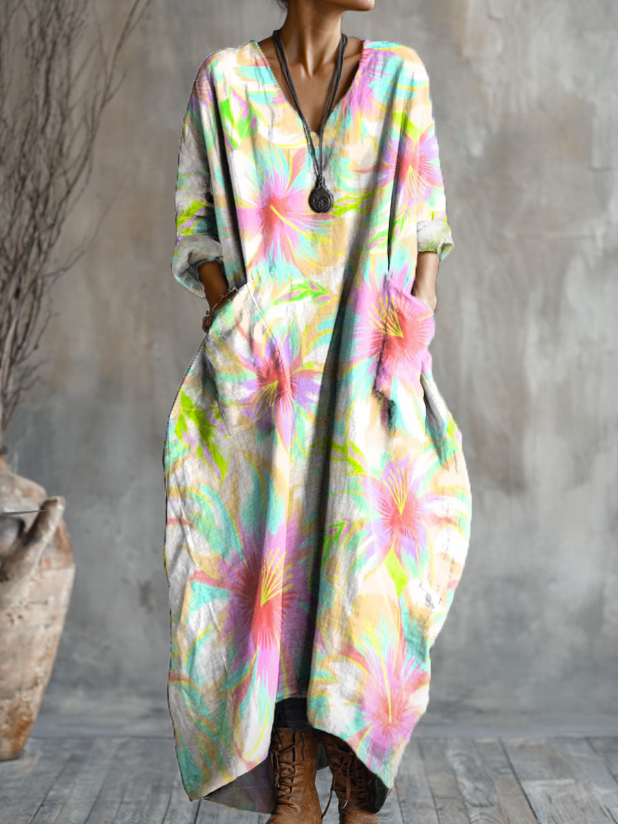Women's Colorful Flowers Art Pattern Print Pocket V-neck Cotton Dress