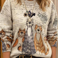 Women's Kitten Print Crew Neck Long Sleeve Casual Loose Sweater