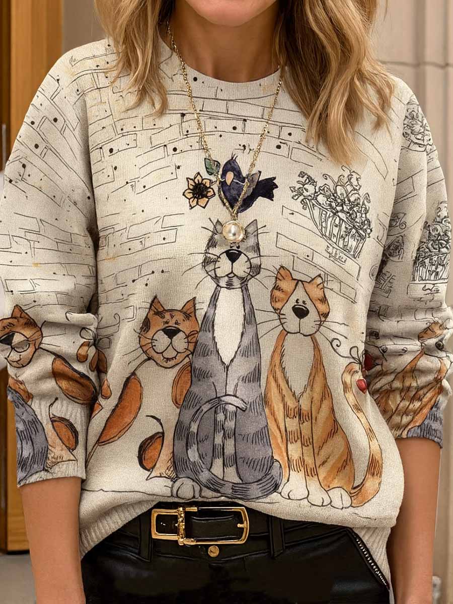 Women's Kitten Print Crew Neck Long Sleeve Casual Loose Sweater