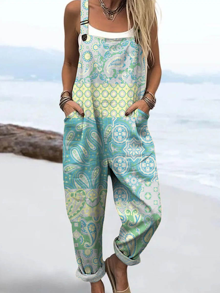 Women's Vintage Floral Pattern Art Print Casual 100% Cotton Wide Leg Jumpsuit