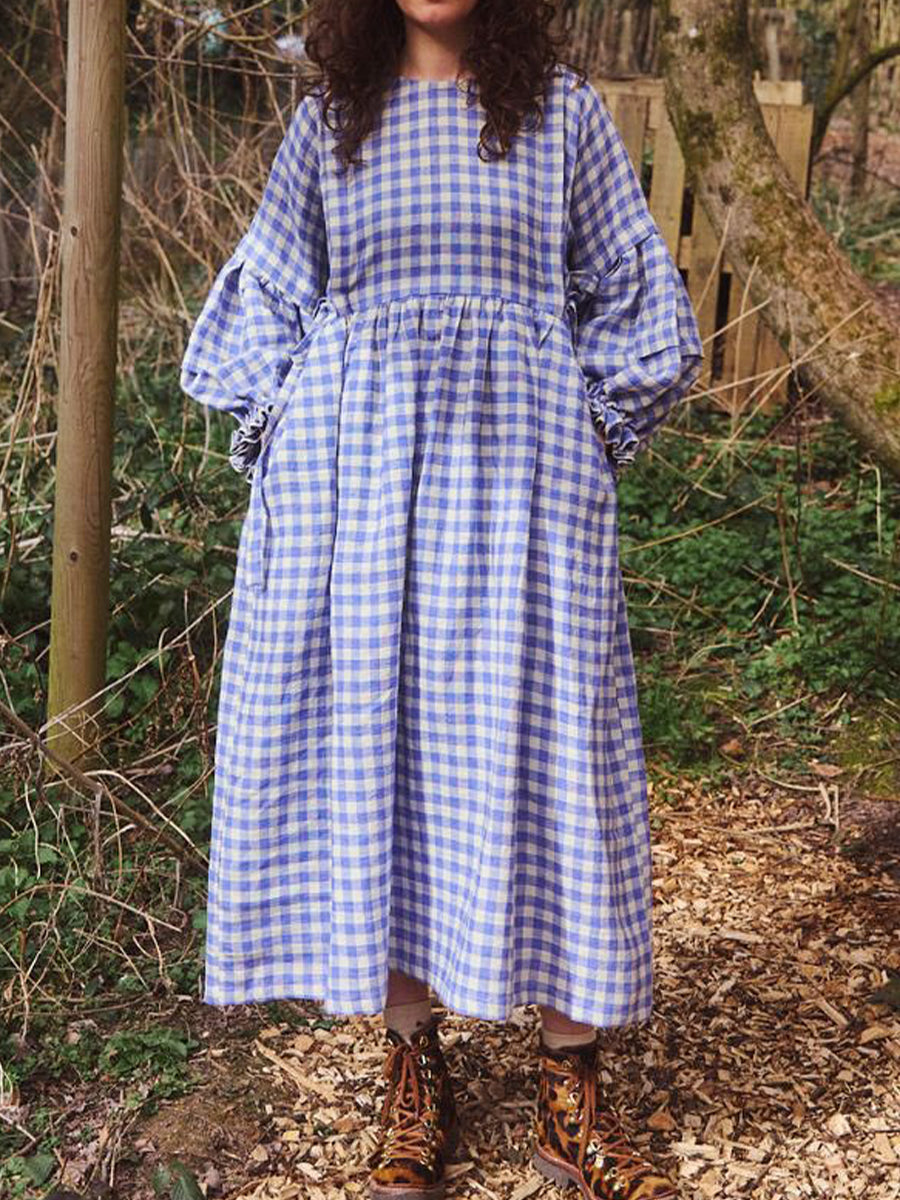 Women's Cotton And Linen Plaid Lantern Sleeve Dress