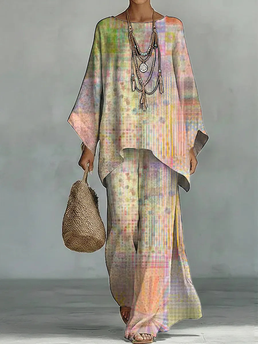 Women's Vintage Art Comfortable Loose Cotton Linen Wide-leg Pants Two-piece Set