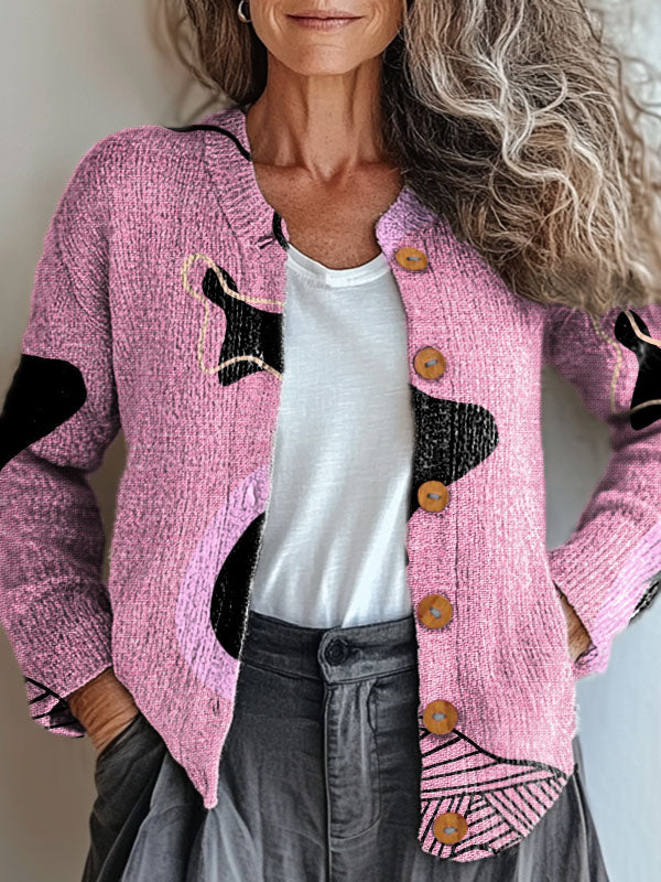 pink-irregular-print-buttoned-cardigan-sweater