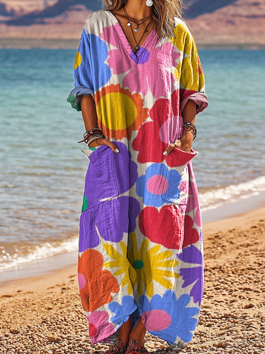 Women's Beautiful Abstract Colorful Large Flower Painting Art Print Pocket V-neck Cotton Dress