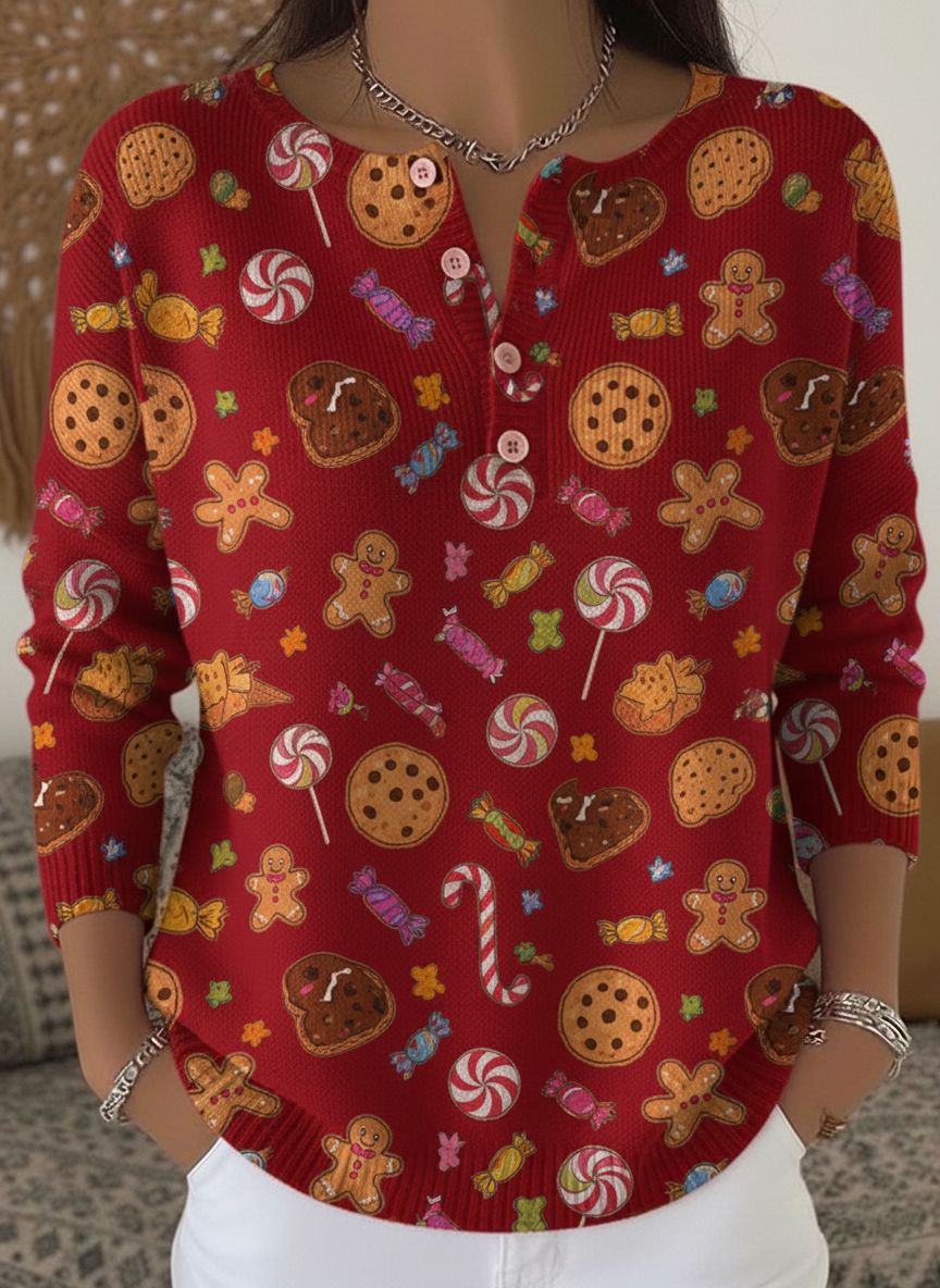 Women's Cute Cookie Print Henley Neck Sweater Top