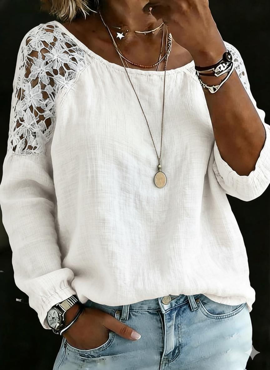 Women's Solid-color Lace-trimmed Casual Cotton-linen Shirt