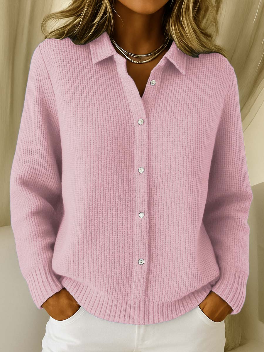 Women's Solid Color Shirt Collar Long Sleeve Waffle Knit Cardigan