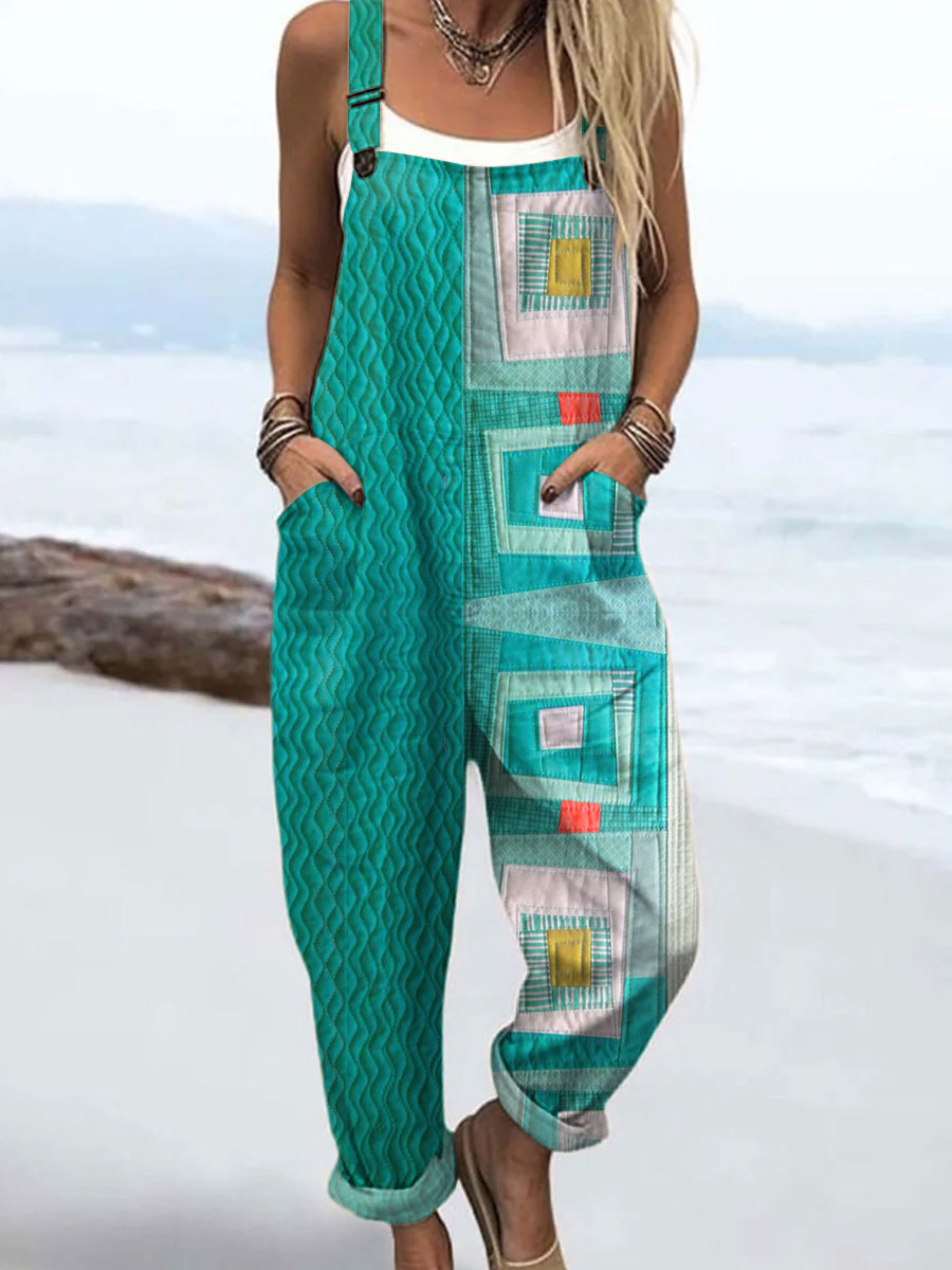 Women's Vintage Abstract Geometric Art Print Casual 100% Cotton Wide Leg Jumpsuit