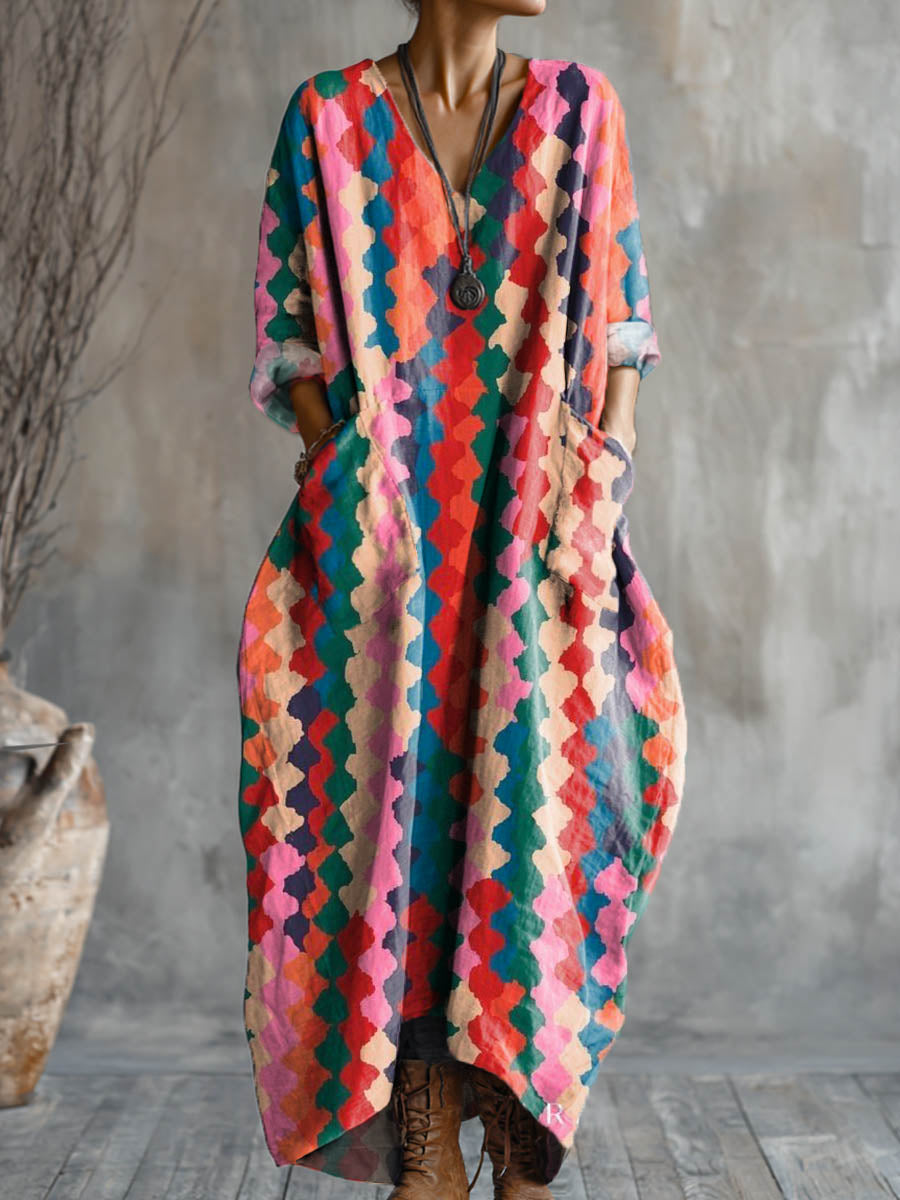 Women's Geometric Pattern Art Pattern Print Pocket V-neck Cotton Dress