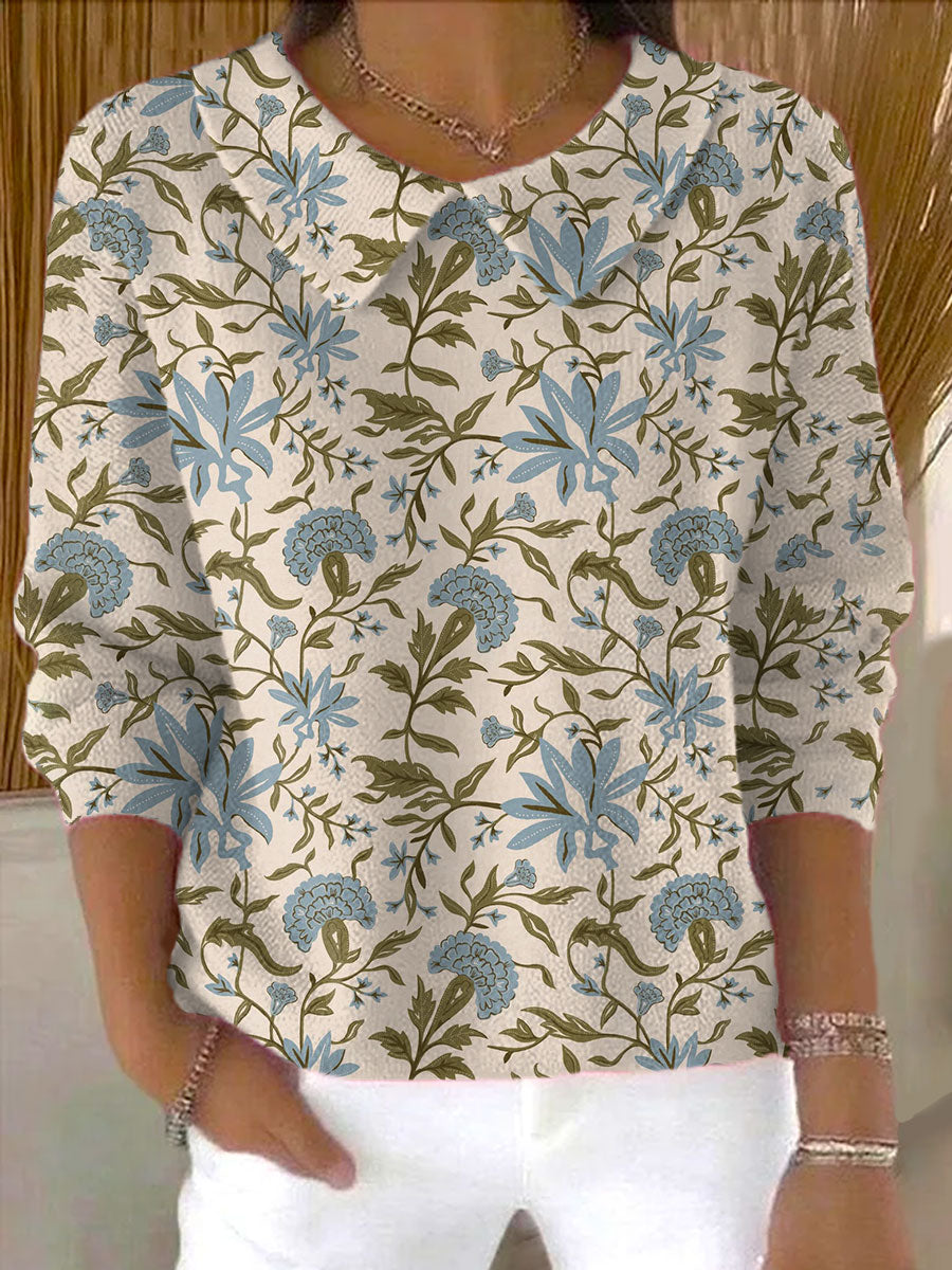 Women's Vintage Flower Art Print Casual Peter Pan Collar 3/4 Sleeve Sweater