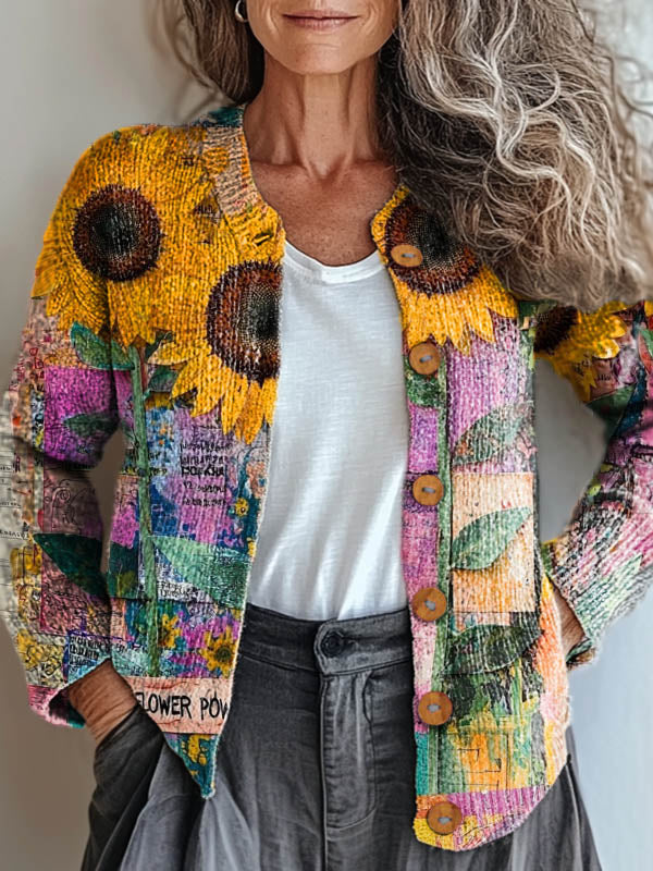 womens-vintage-sunflowers-art-print-buttoned-cardigan-sweater