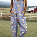 Women's Vintage Abstract Bird Art Print Casual 100% Cotton Wide Leg Jumpsuit