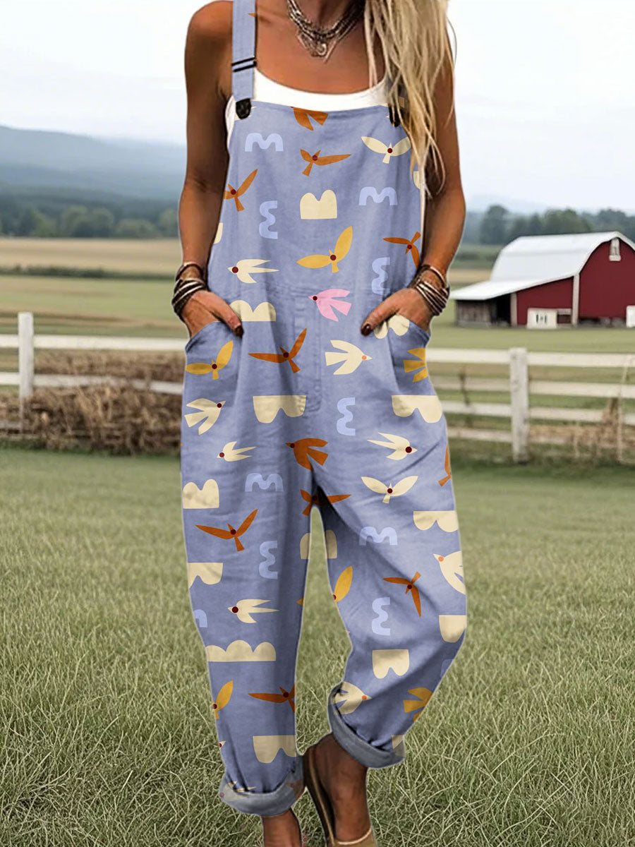 Women's Vintage Abstract Bird Art Print Casual 100% Cotton Wide Leg Jumpsuit