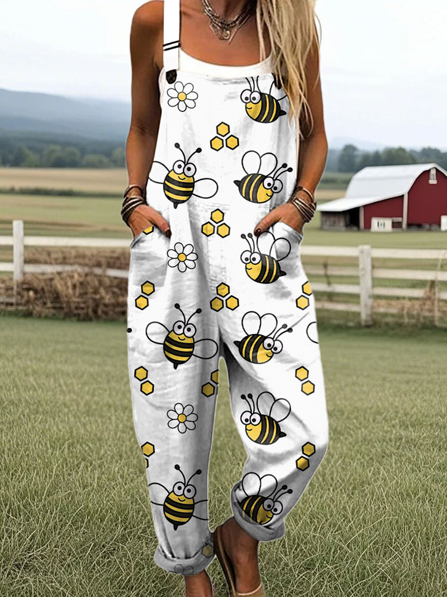Women's Fashion Bee Art Print Casual 100% Cotton Wide Leg Jumpsuit