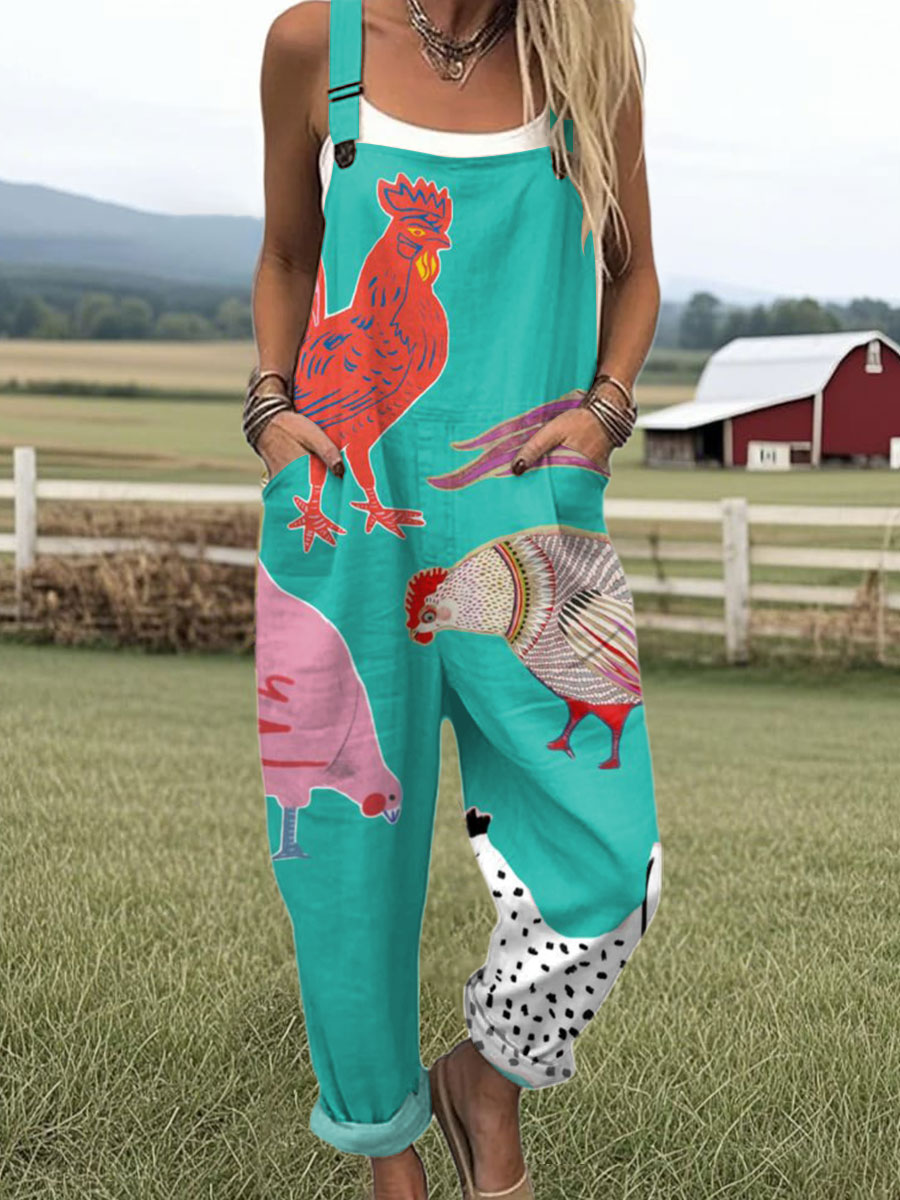 Women's Funny Chick Art Print Casual 100% Cotton Wide Leg Jumpsuit