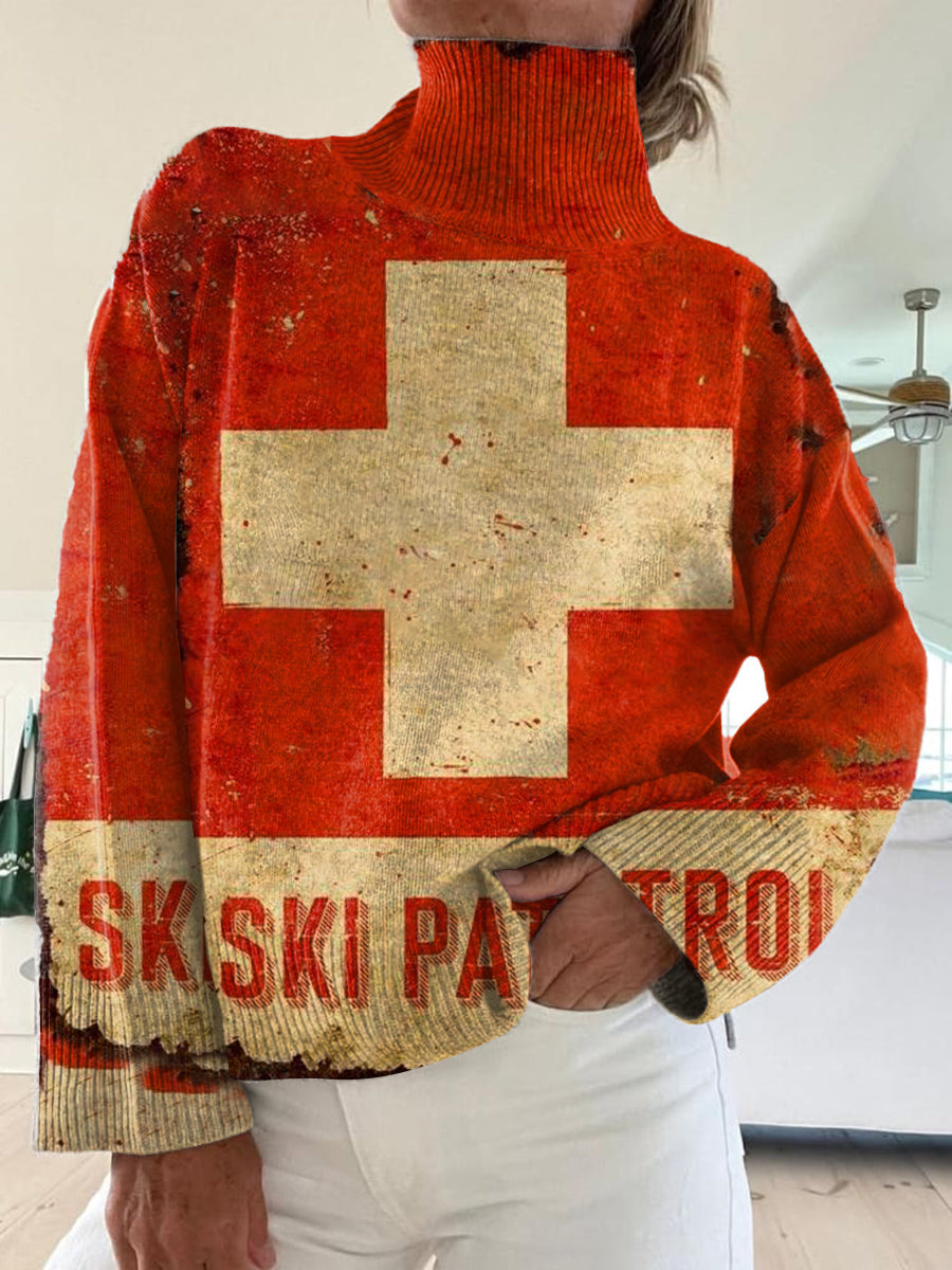 Vintage Apres Ski Art Print Knit Turtleneck Pullover Sweater