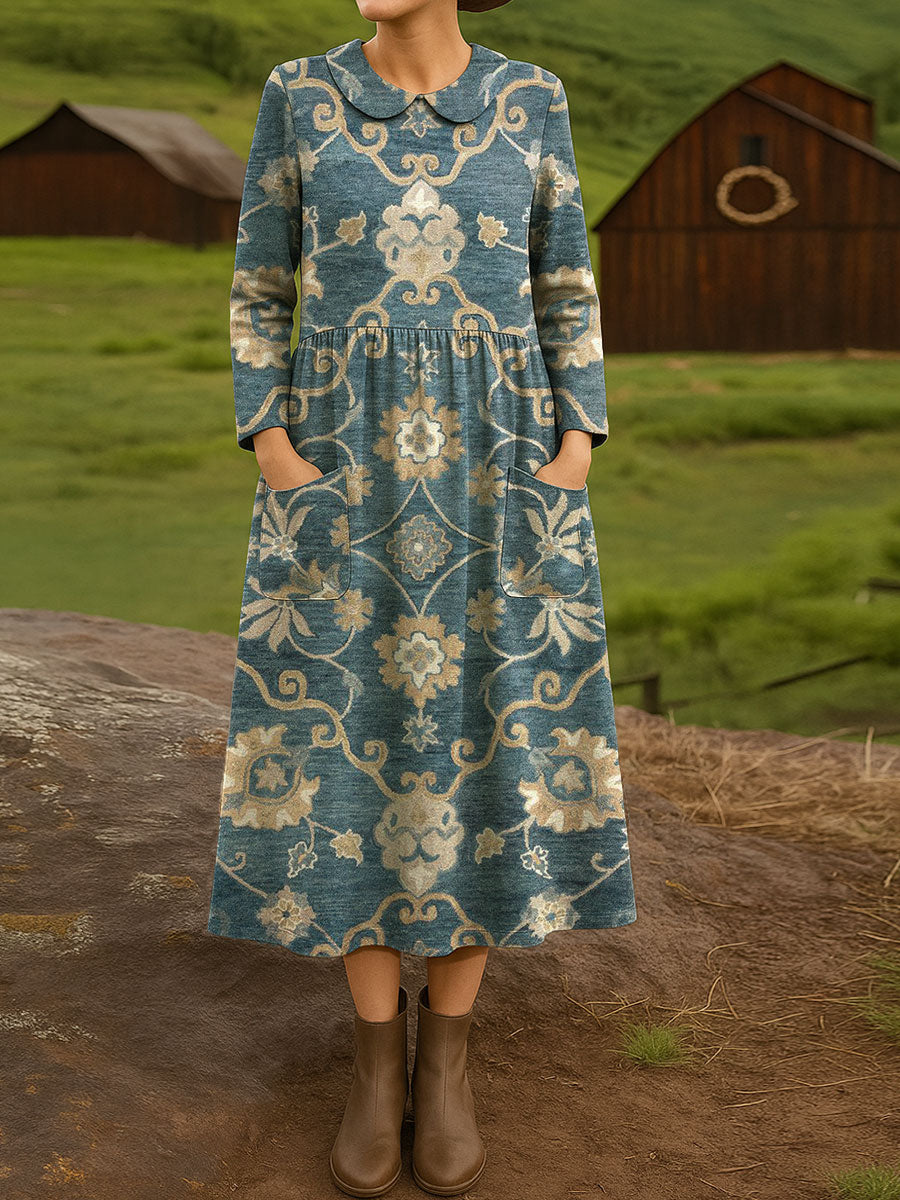 Women's Vintage Flower Art Print Cotton Lapel Button-Down Shirt Dress