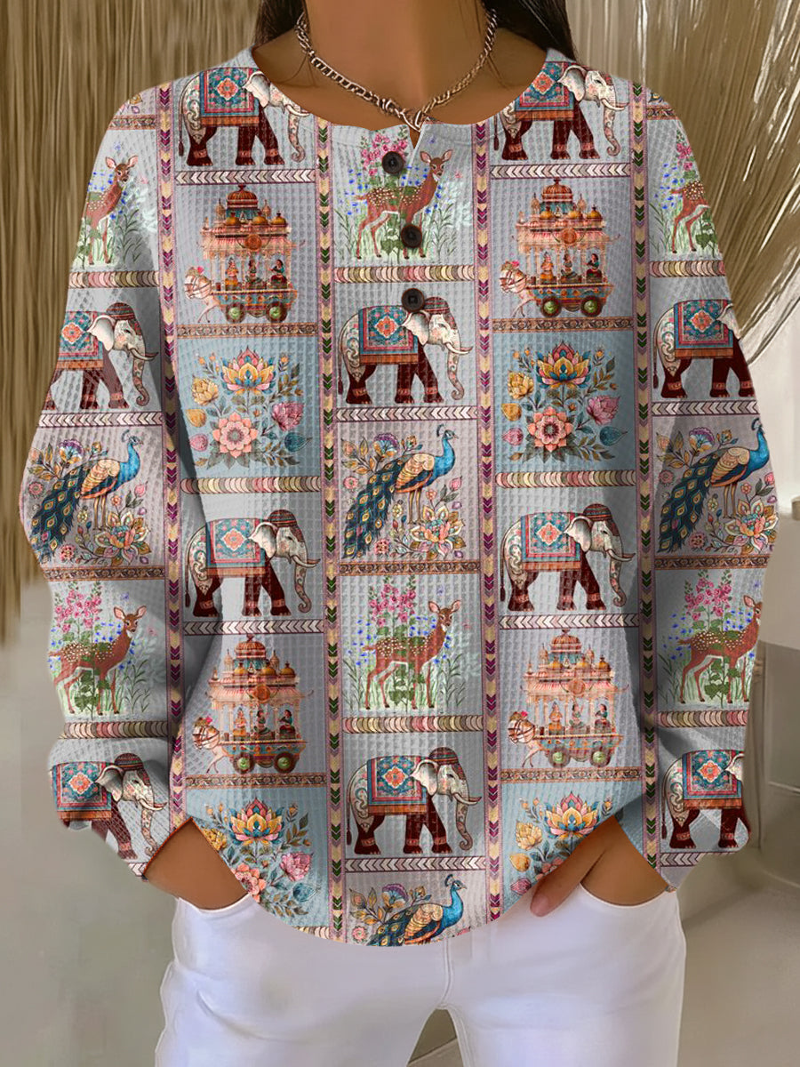 Women's Beautiful Ethnic Elephant Check Painting Art Print Casual Cotton Sweatshirt