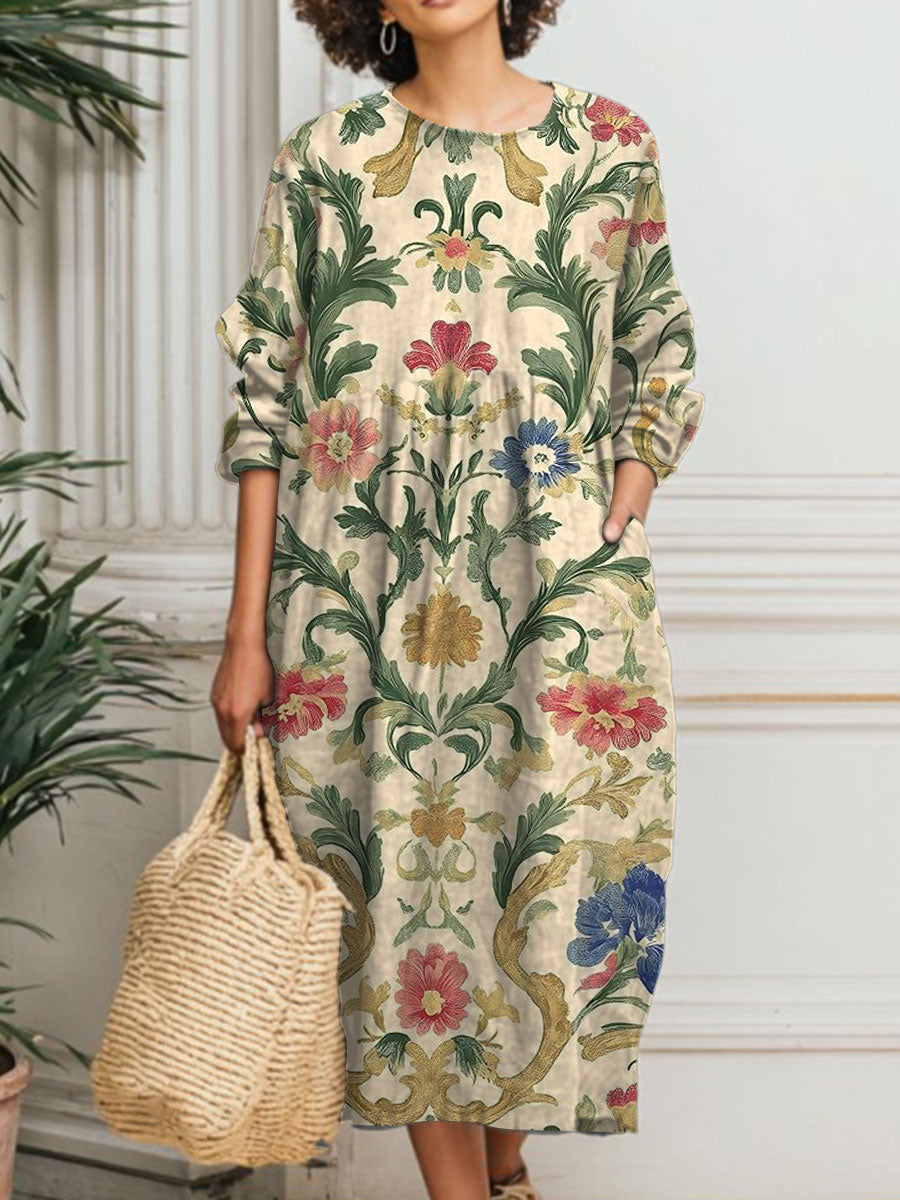 Women's Vintage Flower Art Print Pocket Cotton Dress