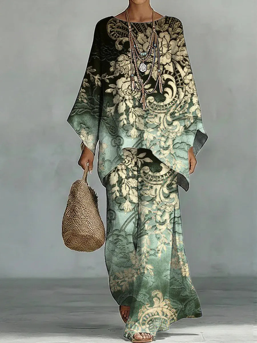 Women's Vintage Ethnic Floral Art Comfortable Loose Cotton Linen Wide-leg Pants Two-piece Set