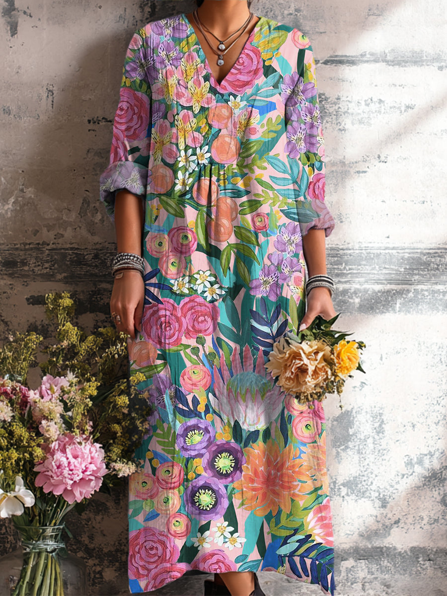 Women's Beautiful Colorful Floral Painting Art Print Dress