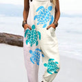 Women's Vintage Sea Turtles Print Casual 100% Cotton Wide Leg Jumpsuit