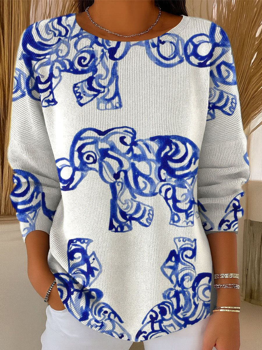 womens-elephant-art-print-casual-pullover-sweater