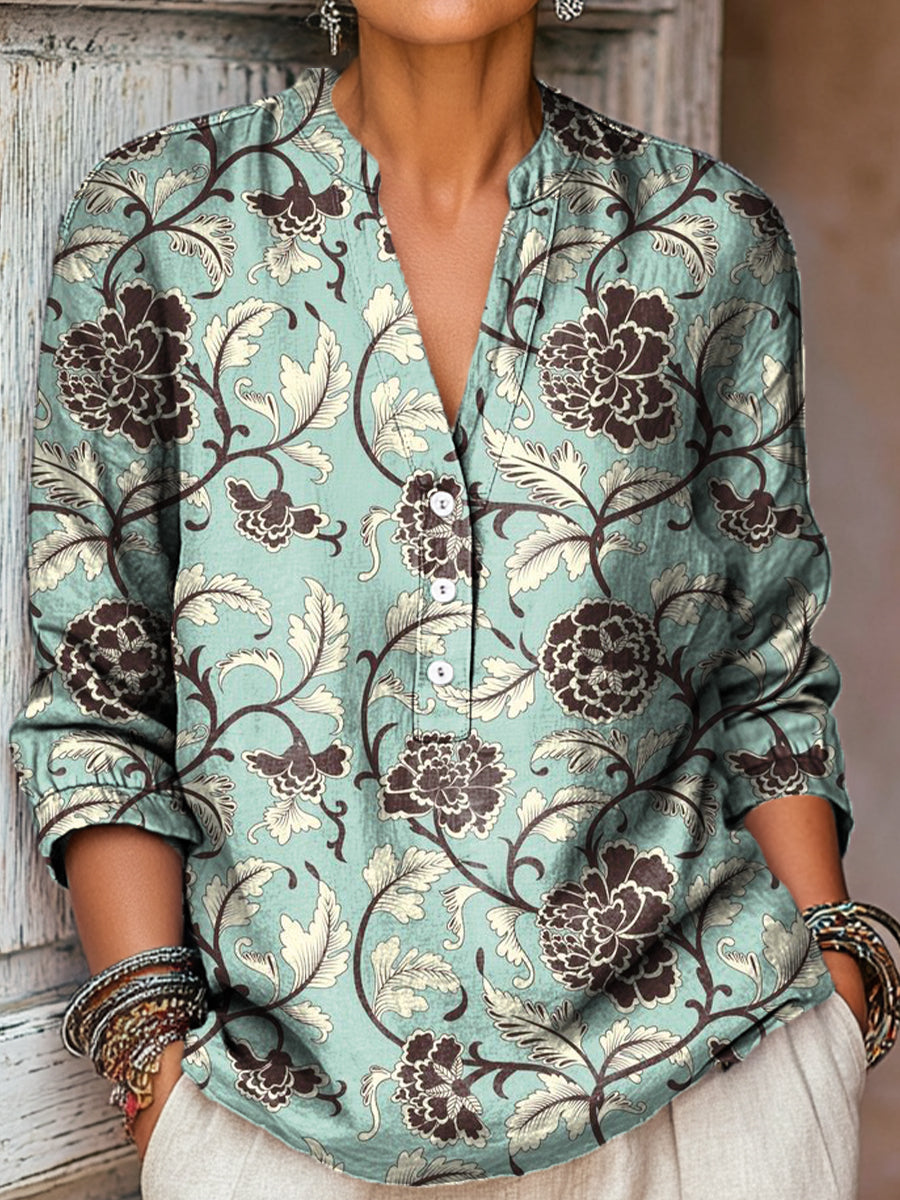 Women's Vintage Ethnic Floral Painting Art Print Casual Cotton And Linen Shirt