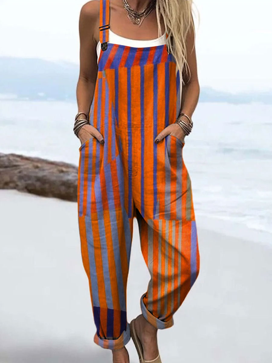 Women's Vintage Colorblock Striped Art Print Casual 100% Cotton Wide Leg Jumpsuit