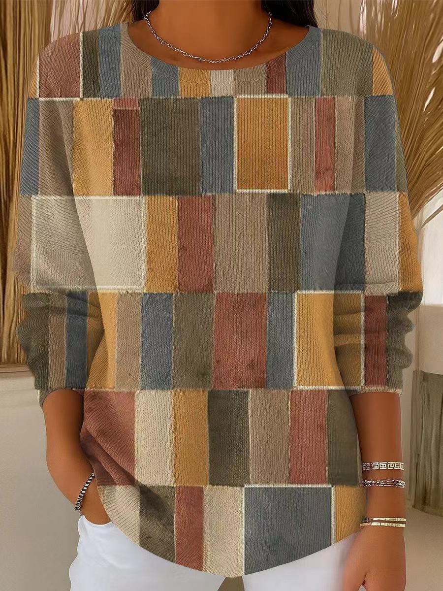 Women's Vintage Abstract Multicolor Plaid Painting Art Print Casual Pullover Sweater