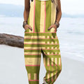 Women's Colorful Abstract Stripes Geometric Art Print Casual 100% Cotton Wide Leg Jumpsuit