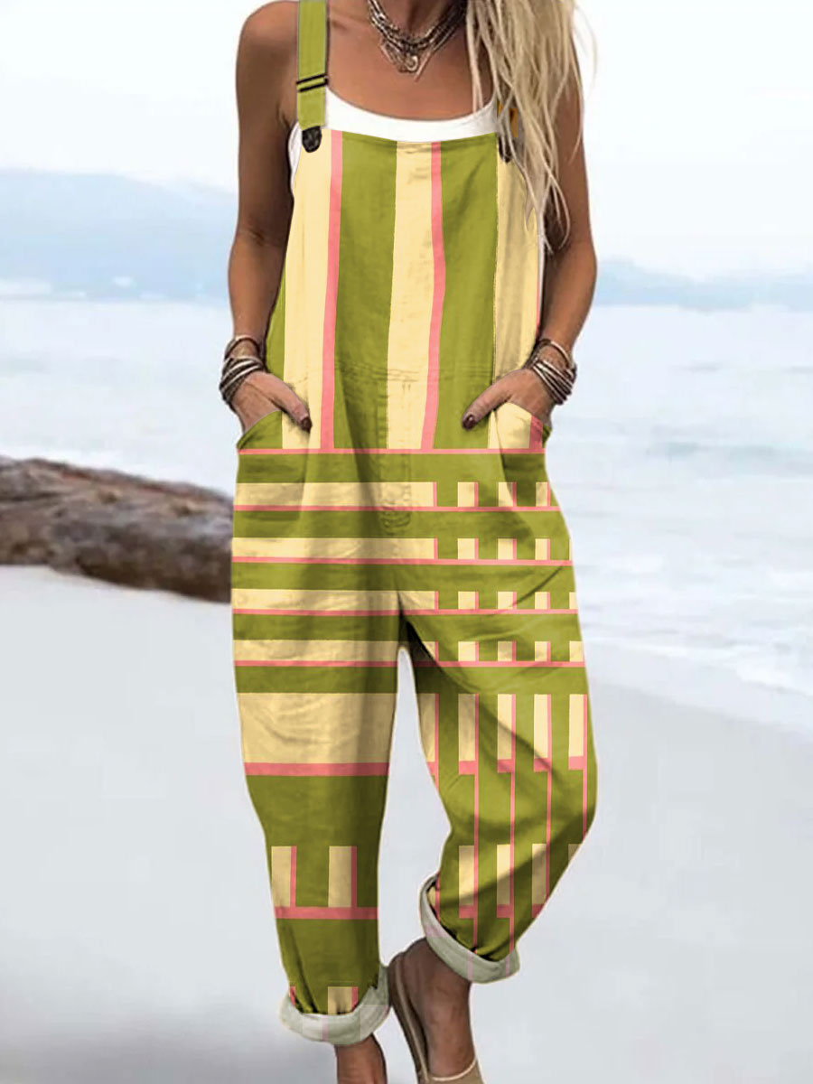 Women's Colorful Abstract Stripes Geometric Art Print Casual 100% Cotton Wide Leg Jumpsuit