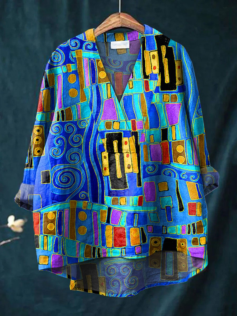 Women's Abstrct Art Print Casual Cotton And Linen V-neck Shirt