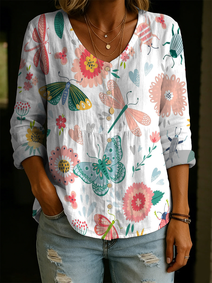 Women's Flower And Butterfly Decorative Patterns Linen And Cotton Shirt