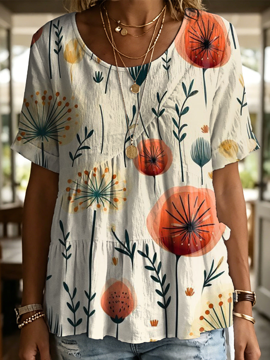 Colorful Floral Decorative Pattern Women's Round Collar Short Sleeve Cotton Shirt