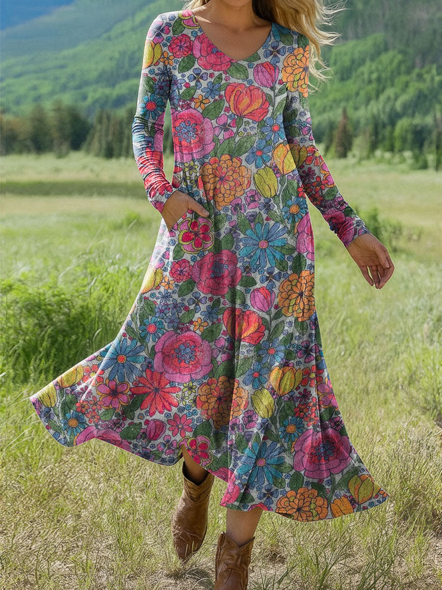 Women's Boho Floral Print Art Print Long-sleeved Dress
