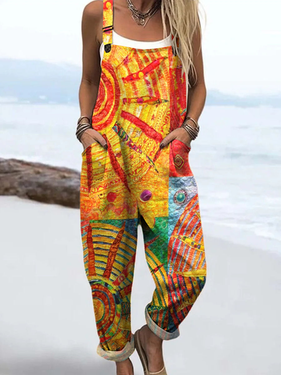 Women's Abstract Patchwork Pattern Art Print Casual 100% Cotton Wide Leg Jumpsuit