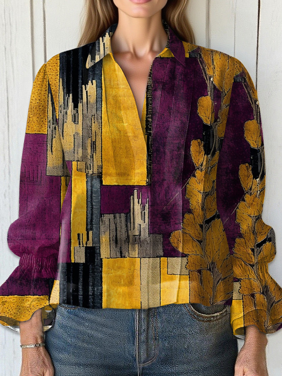 Women's  Vintage Geometry Art Print Casual  Cotton And Linen Shirt