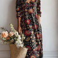 Women's Vintage Flower Art Print Linen Pocket Dress