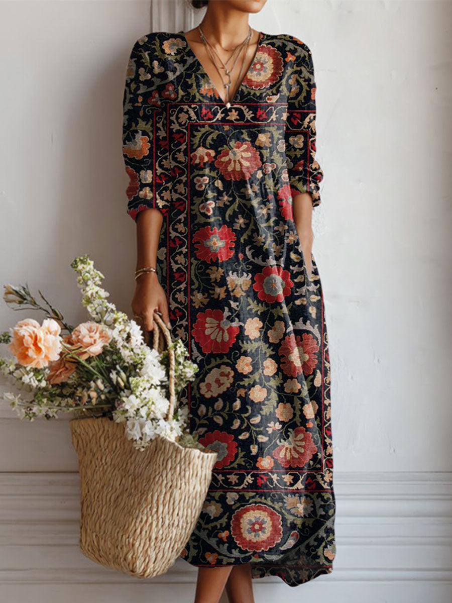 Women's Vintage Flower Art Print Linen Pocket Dress