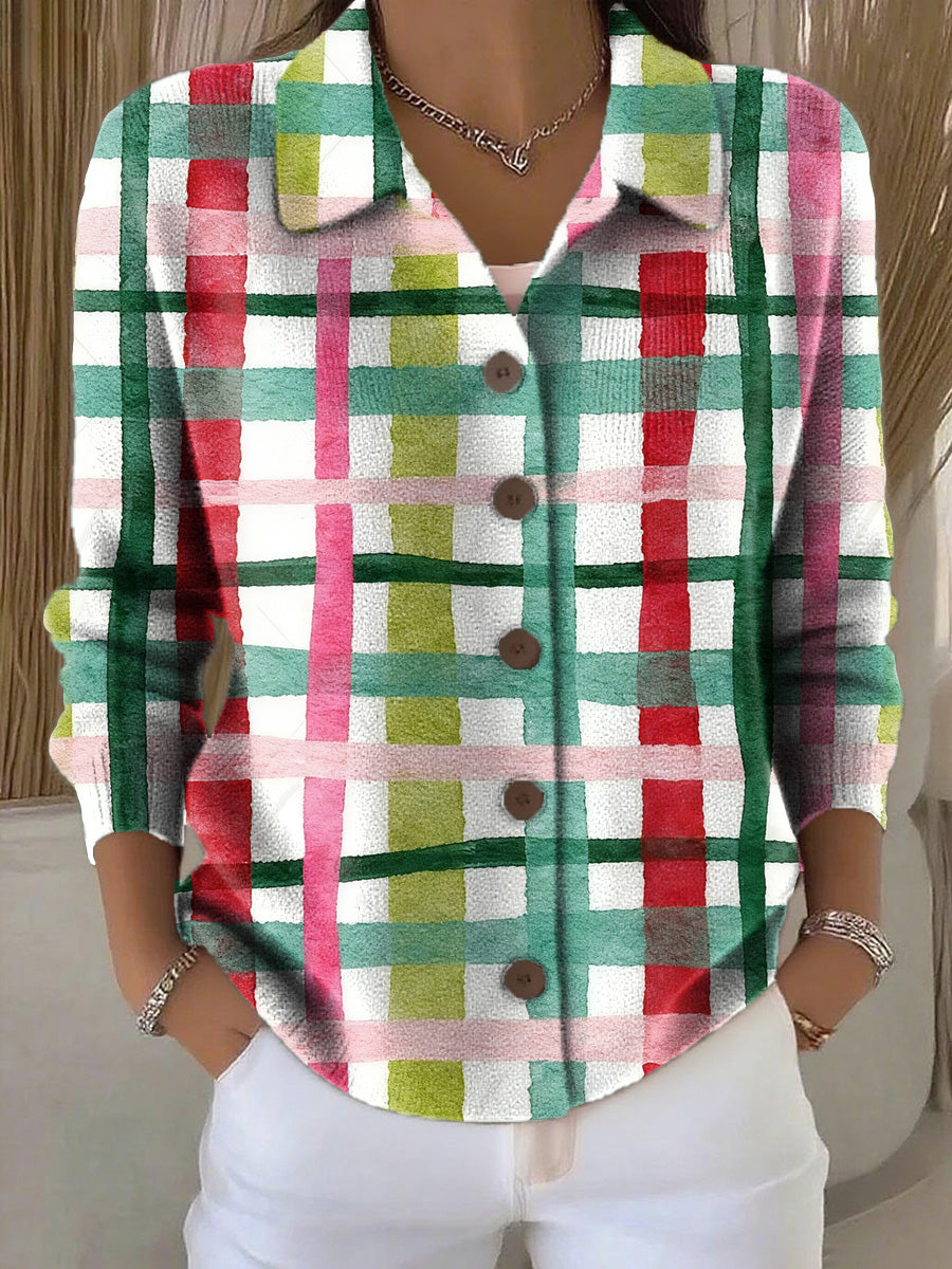 Women's Beautiful Colorful Plaid Painting Art Print Cowl Neck Sweater