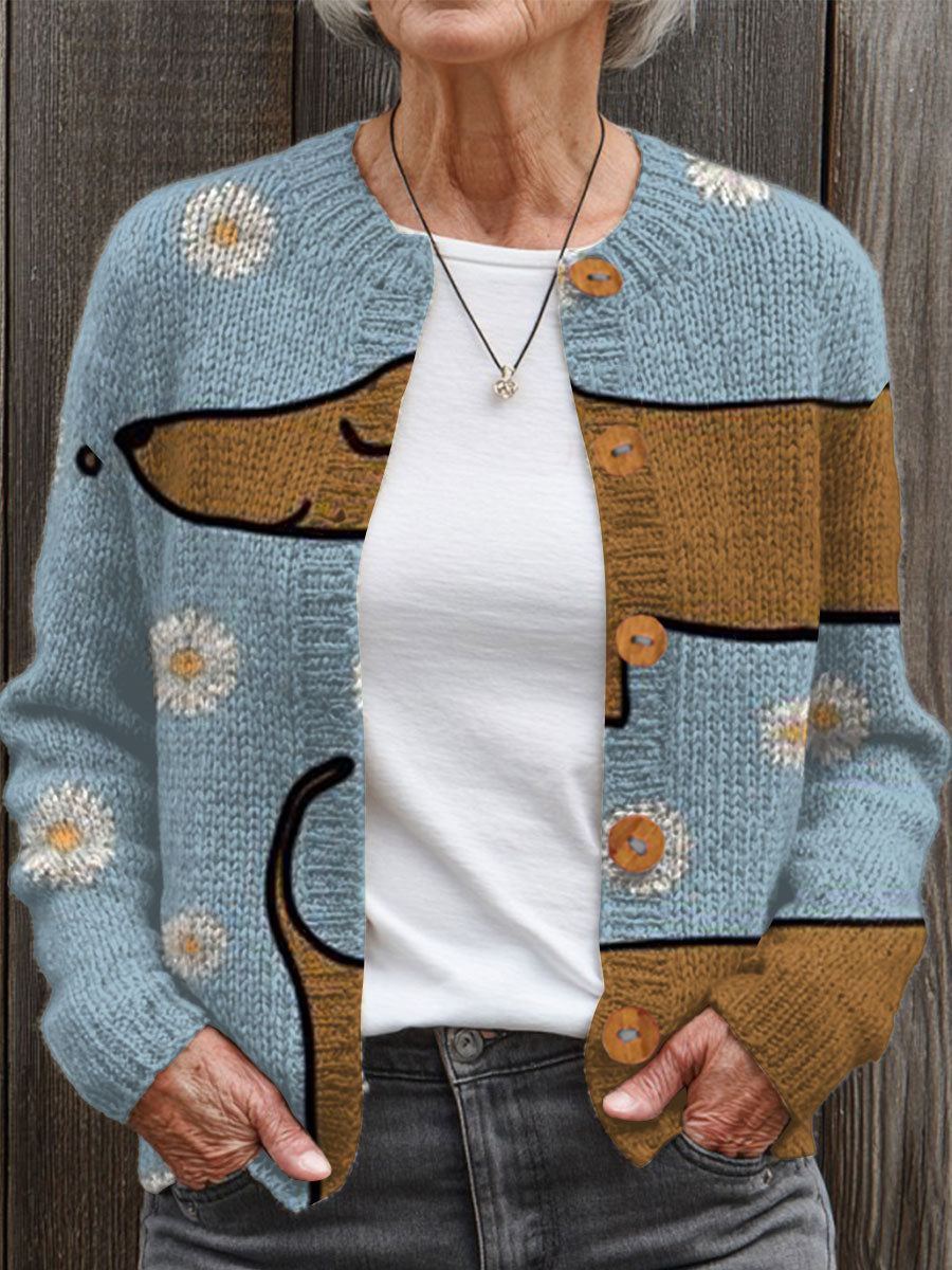 vintage-dachshund-art-print-buttoned-cardigan-sweater