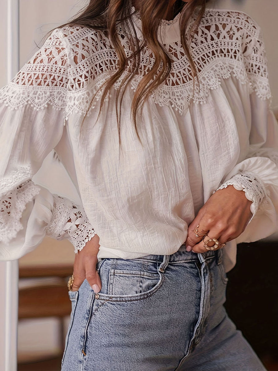 Women's Solid Color Crochet Openwork Bell Sleeve Shirt