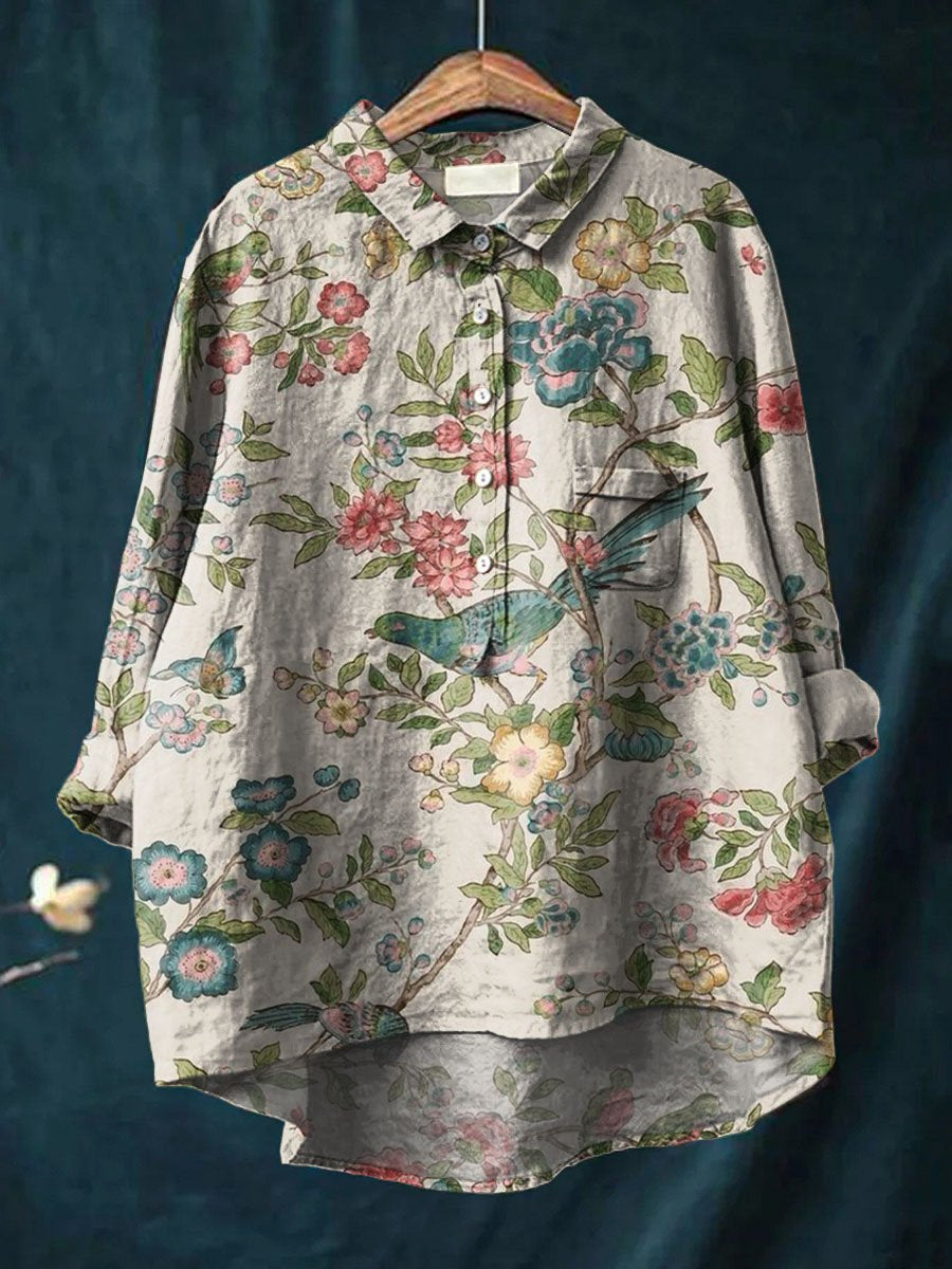 Women's Vintage Floral Birds Art Print Casual Cotton And Linen Shirt