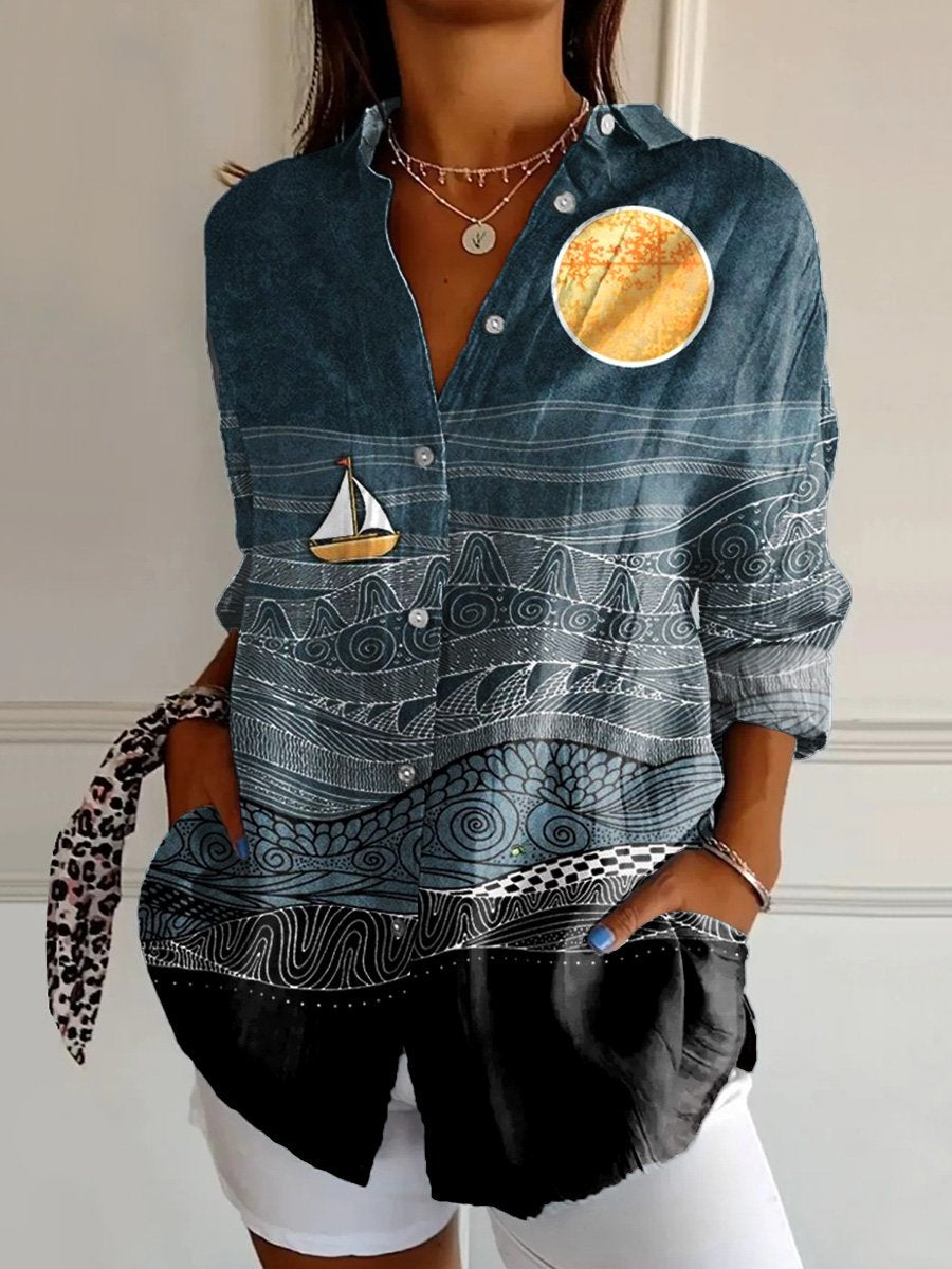 Women's  Japanese Art Print Casual Cotton Shirt